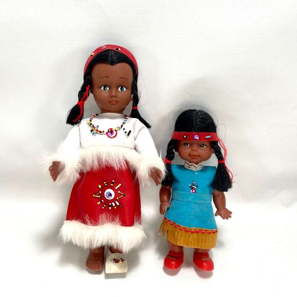 Vintage Indigenous Native American Dolls 11"-8" Plastic Beaded Clothing Sisters - Picture 1 of 8